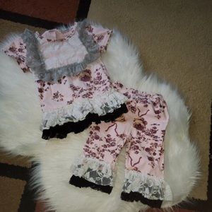 Girl’s boutique ruffle lace floral matching set outfit 3T-4T EUC
